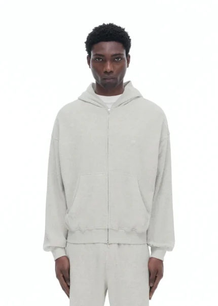 TOWELLING ZIPPED LIGHT GREY MARL HOODIE