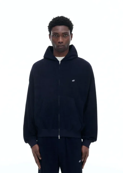 TOWELLING ZIPPED DARK NAVY HOODIE